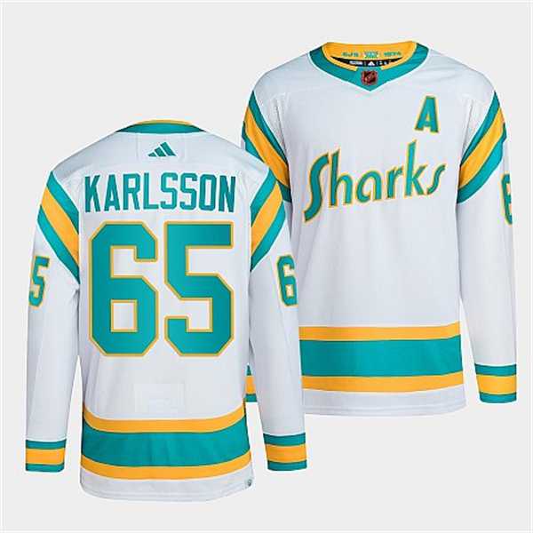 Mens San Jose Sharks #65 Erik Karlsson White 2022 Reverse Retro Stitched Jersey Dzhi